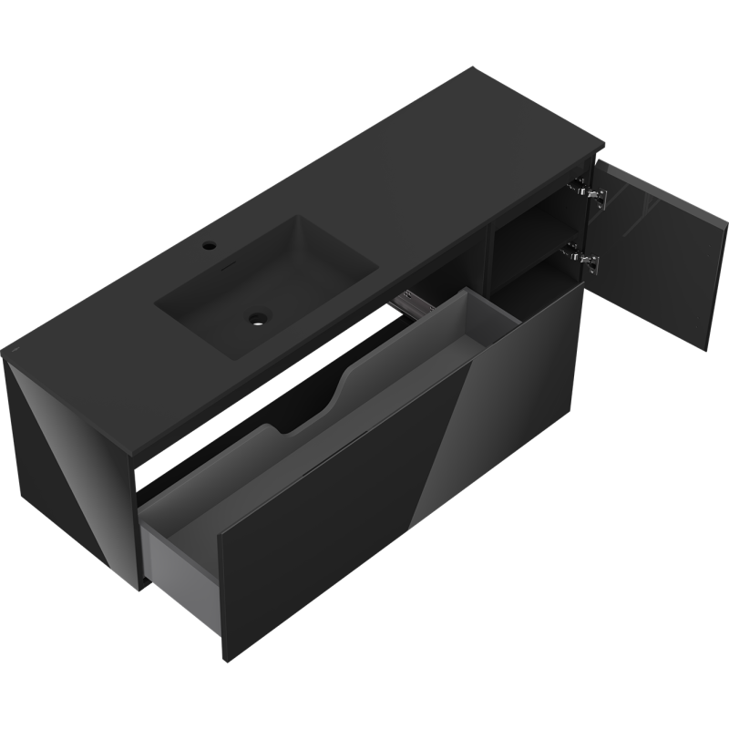 Mexen Orio koupelnová skříňka 160 cm s umyvadlem Otis vlevo, 1S, 1D, černý lesk/černý mat - 91A13-16047-3-BBFF70-W18L71