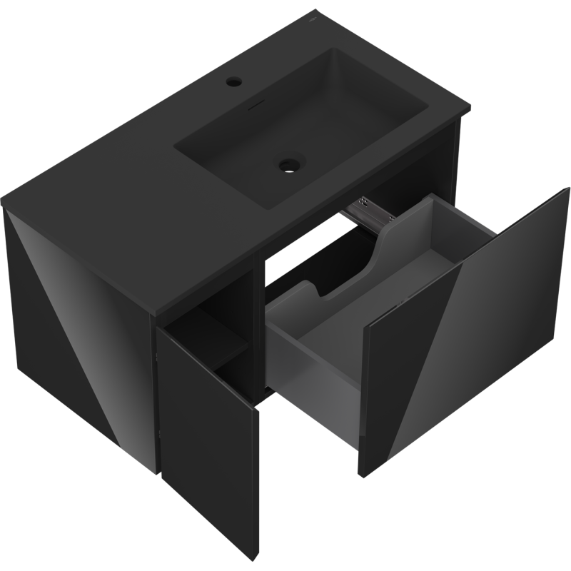 Mexen Orio koupelnová skříňka 90 cm s umyvadlem Otis pravá, 1S, 1D, černý lesk/černý mat - 91A13-09047-3-BBFF70-W18P71