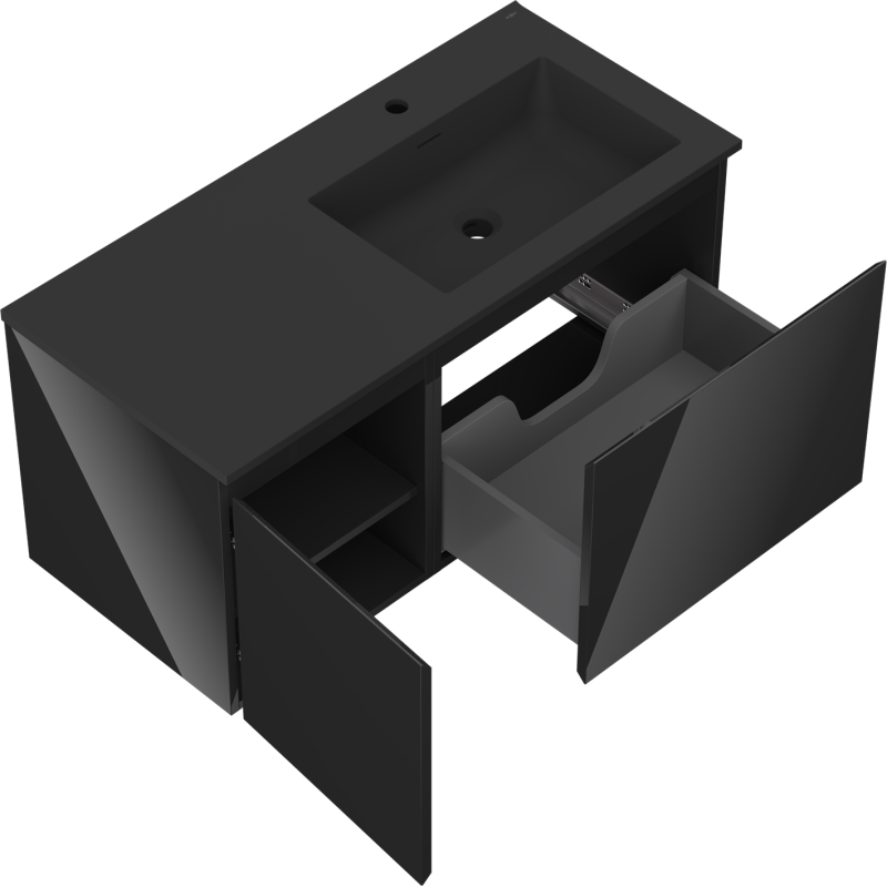 Mexen Orio koupelnová skříňka 100 cm s umyvadlem Otis pravá, 1S, 1D, černý lesk/černý mat - 91A13-10047-3-BBFF70-W18P71