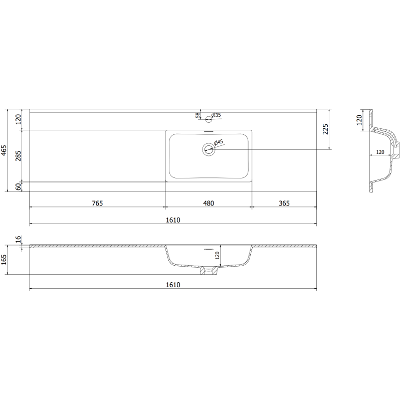 Mexen Orio koupelnová skříňka 160 cm s umyvadlem Otis pravým, 1S, 1D, bílý lesk - 91A13-16047-3-BBFF00-W18P00
