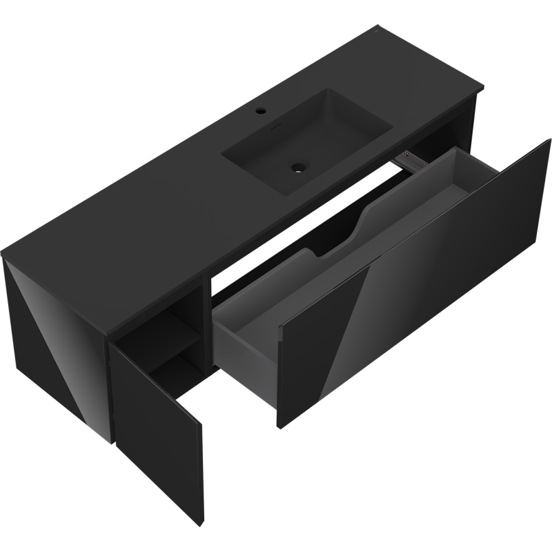 Mexen Orio koupelnová skříňka 160 cm s pravým umyvadlem Otis, 1S, 1D, černý lesk/černý mat - 91A13-16047-3-BBFF70-W18P71