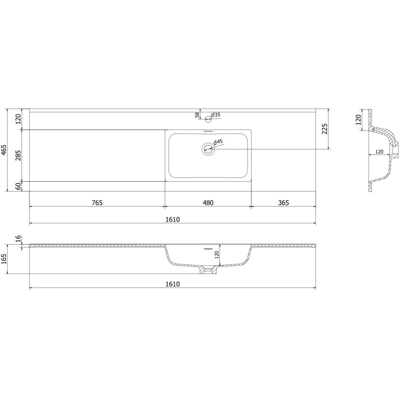 Mexen Orio koupelnová skříňka 160 cm s umyvadlem Otis pravá, 1S, 1D, černá mat - 91A13-16047-3-BBFF71-W18P71