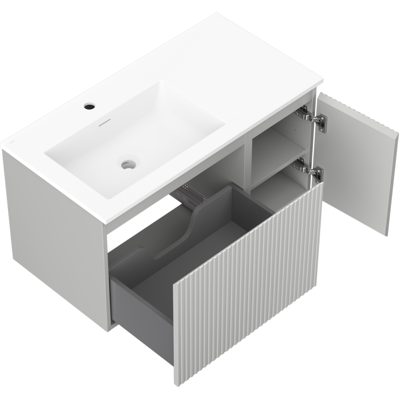 Mexen Rivel koupelnová skříňka 90 cm s umyvadlem Otis levá, 1S, 1D, rýhovaná, šedý mat/bílý mat - 91A23-09047-3-BBFF62-W18L01