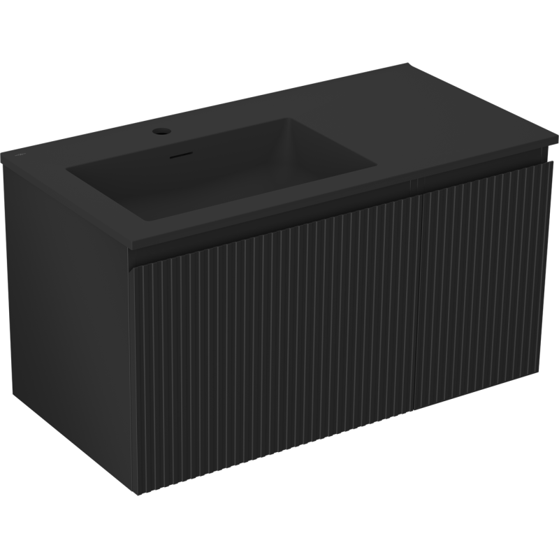 Mexen Rivel koupelnová skříňka 90 cm s umyvadlem Otis levým, 1S, 1D, drážkovaná, černý mat - 91A23-09047-3-BBFF71-W18L71