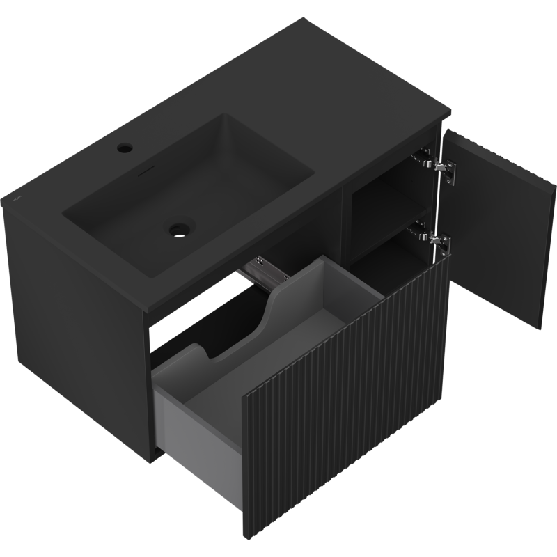 Mexen Rivel koupelnová skříňka 90 cm s umyvadlem Otis levým, 1S, 1D, drážkovaná, černý mat - 91A23-09047-3-BBFF71-W18L71