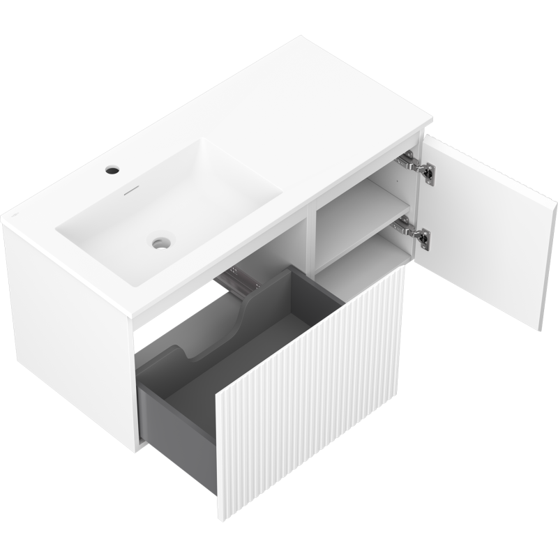 Mexen Rivel koupelnová skříňka 100 cm s umyvadlem Otis vlevo, 1S, 1D, vroubkovaná, bílá matná - 91A23-10047-3-BBFF01-W18L01