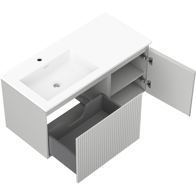 Mexen Rivel koupelnová skříňka 100 cm s umyvadlem Otis levá, 1S, 1D, rýhovaná, šedá mat/bílá mat - 91A23-10047-3-BBFF62-W18L01