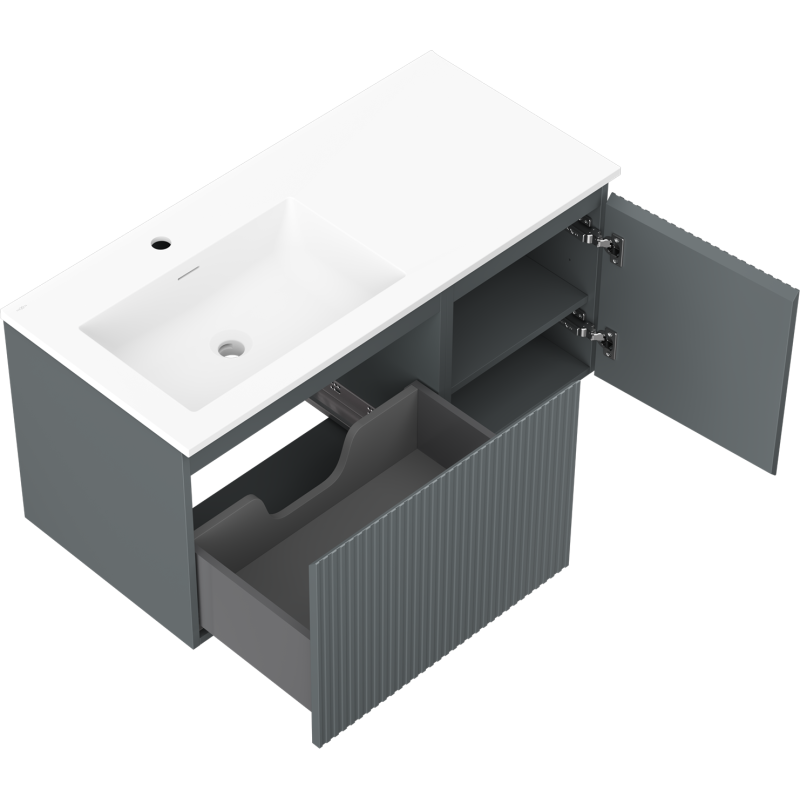 Mexen Rivel koupelnová skříňka 100 cm s umyvadlem Otis vlevo, 1S, 1D, drážkovaná, grafit mat/bílá mat