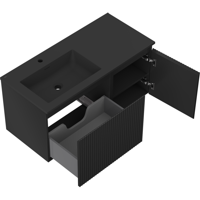 Mexen Rivel koupelnová skříňka 100 cm s umyvadlem Otis levá, 1S, 1D, rýhovaná, černá matná - 91A23-10047-3-BBFF71-W18L71
