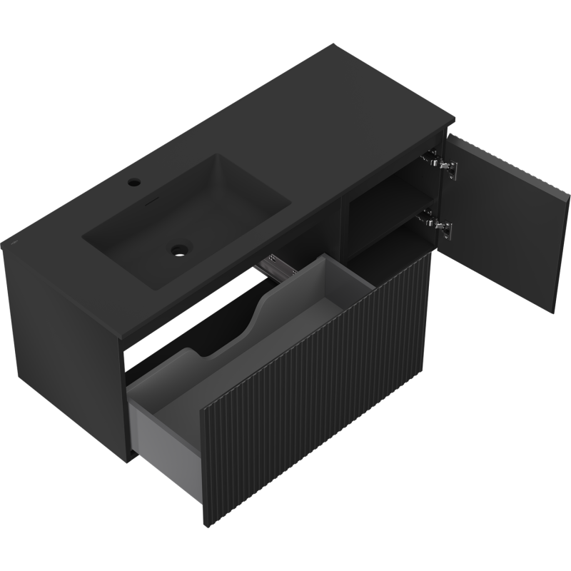 Mexen Rivel koupelnová skříňka 120 cm s umyvadlem Otis vlevo, 1S, 1D, drážkovaná, černá mat - 91A23-12047-3-BBFF71-W18L71