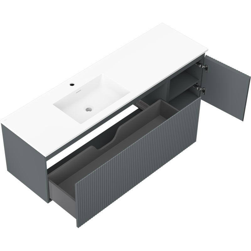 Mexen Rivel koupelnová skříňka 160 cm s umyvadlem Otis vlevo, 1S, 1D, rýhovaná, grafit mat/bílá mat