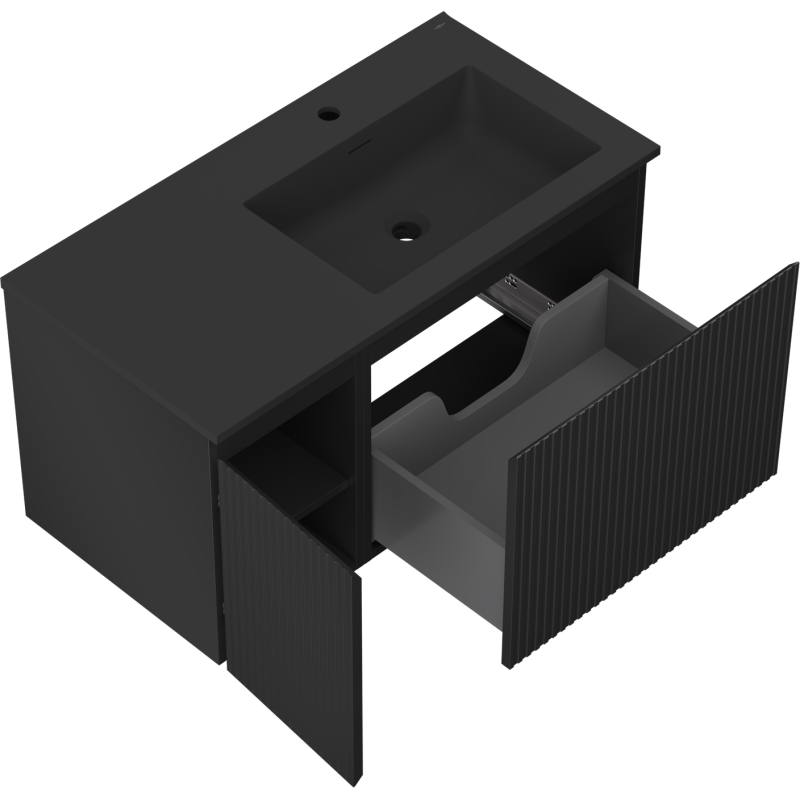 Mexen Rivel koupelnová skříňka 90 cm s umyvadlem Otis pravá, 1S, 1D, rýhovaná, černá mat - 91A23-09047-3-BBFF71-W18P71
