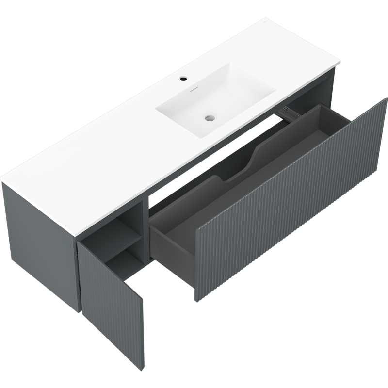 Mexen Rivel skříňka do koupelny 160 cm s umyvadlem Otis pravá, 1S, 1D, rýhovaná, grafit/bílá mat - 91A23-16047-3-BBFF66-W18P01