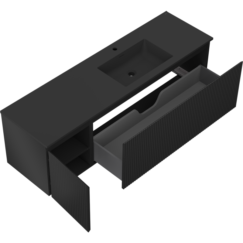Mexen Rivel koupelnová skříňka 160 cm s umyvadlem Otis pravá, 1S, 1D, drážkovaná, černá mat - 91A23-16047-3-BBFF71-W18P71