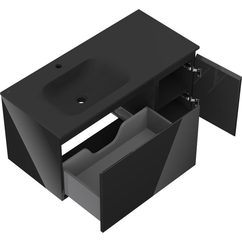 Mexen Orio koupelnová skříňka 100 cm s umyvadlem Vela vlevo, 1S, 1D, černý lesk/černý mat - 91A13-10047-3-BBFF70-W23L71