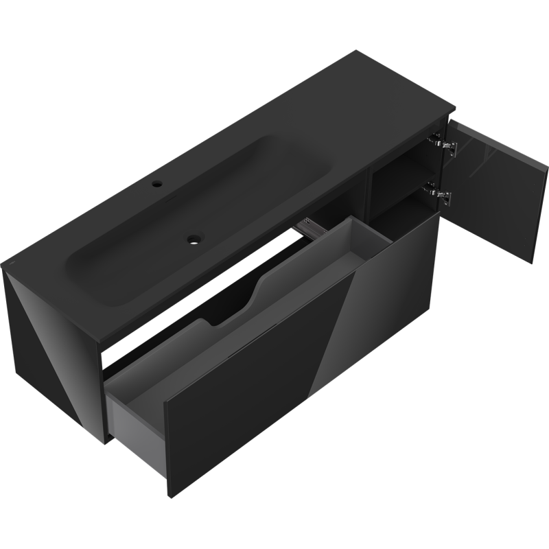 Mexen Orio koupelnová skříňka 160 cm s umyvadlem Vela vlevo, 1S, 1D, černý lesk/černý mat - 91A13-16047-3-BBFF70-W23L71