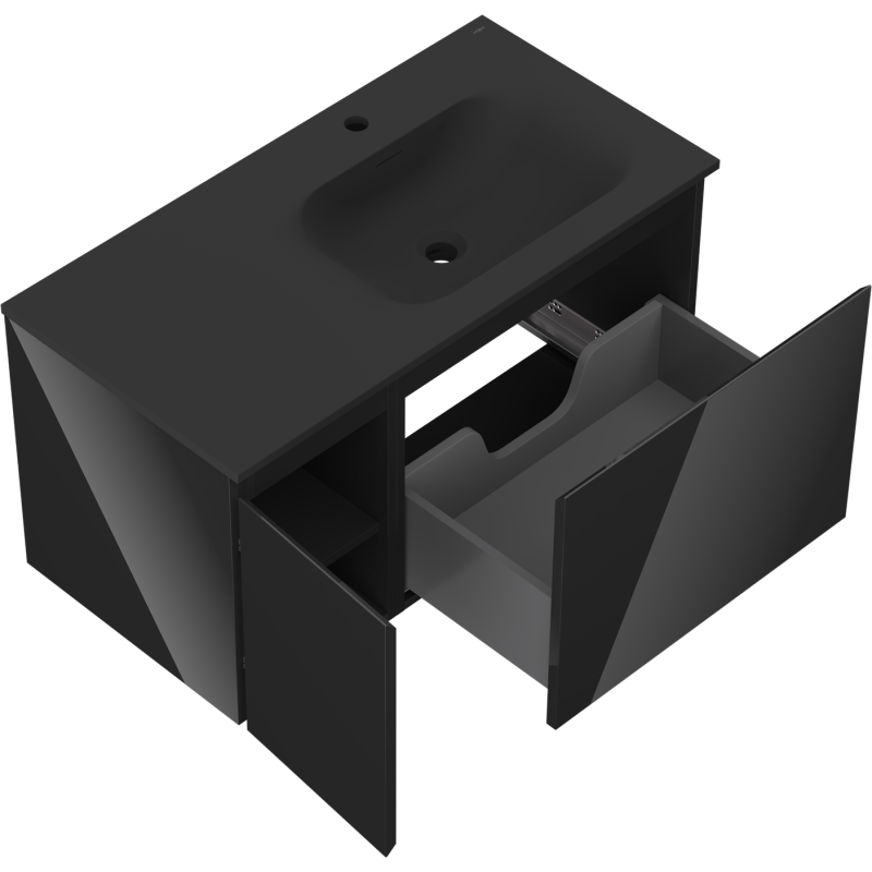 Mexen Orio koupelnová skříňka 90 cm s umyvadlem Vela pravým, 1S, 1D, černý lesk/černý mat - 91A13-09047-3-BBFF70-W23P71