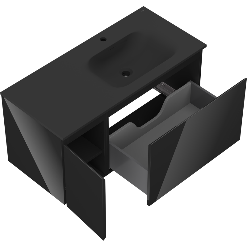 Mexen Orio koupelnová skříňka 100 cm s umyvadlem Vela pravá, 1S, 1D, černý lesk/černý mat - 91A13-10047-3-BBFF70-W23P71