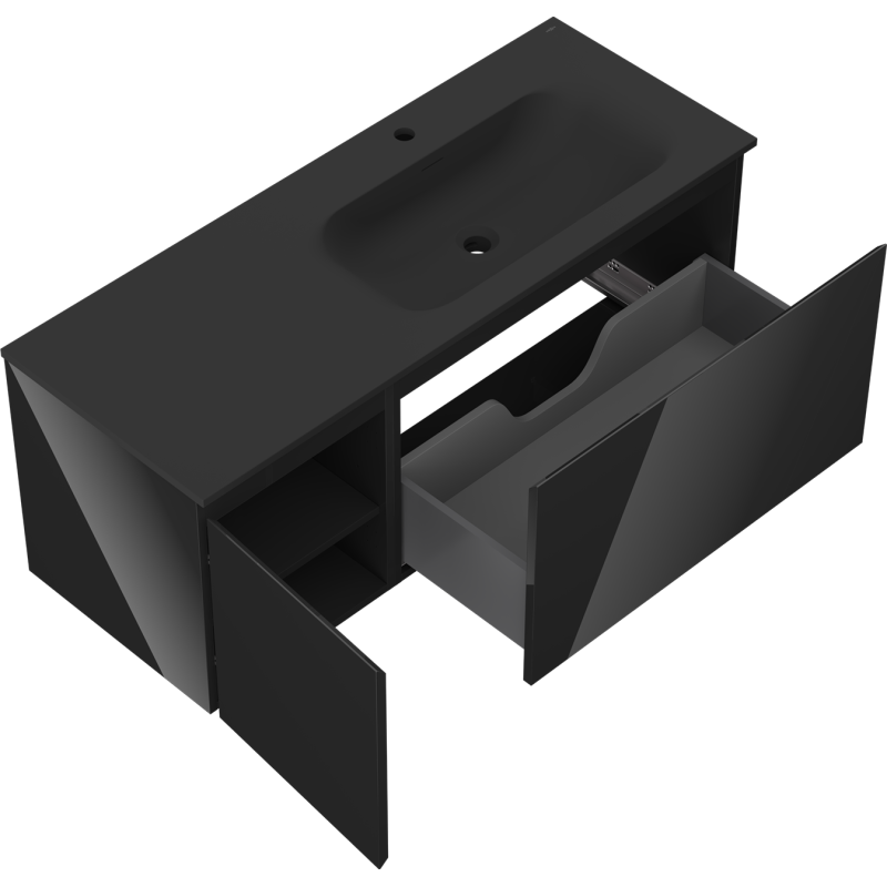 Mexen Orio koupelnová skříňka 120 cm s umyvadlem Vela pravé, 1S, 1D, černý lesk/černý mat - 91A13-12047-3-BBFF70-W23P71