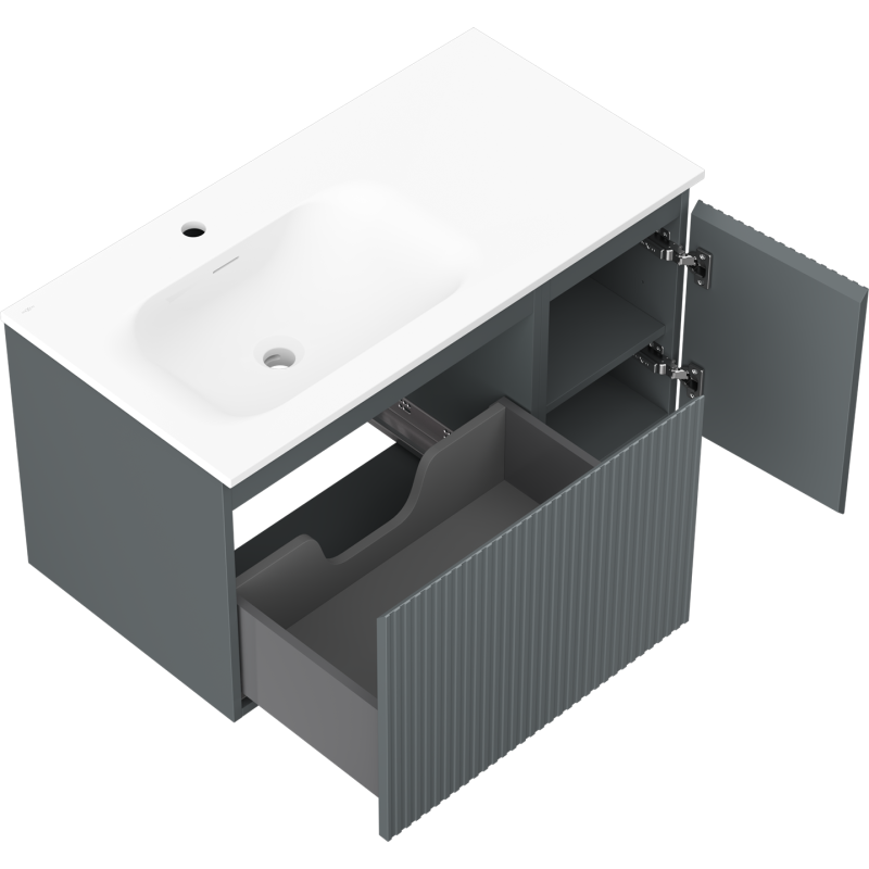 Mexen Rivel koupelnová skříňka 90 cm s umyvadlem Vela levá, 1S, 1D, drážkovaná, grafit mat/bílá mat