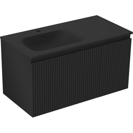 Mexen Rivel koupelnová skříňka 90 cm s umyvadlem Vela vlevo, 1S, 1D, drážkovaná, černý mat - 91A23-09047-3-BBFF71-W23L71