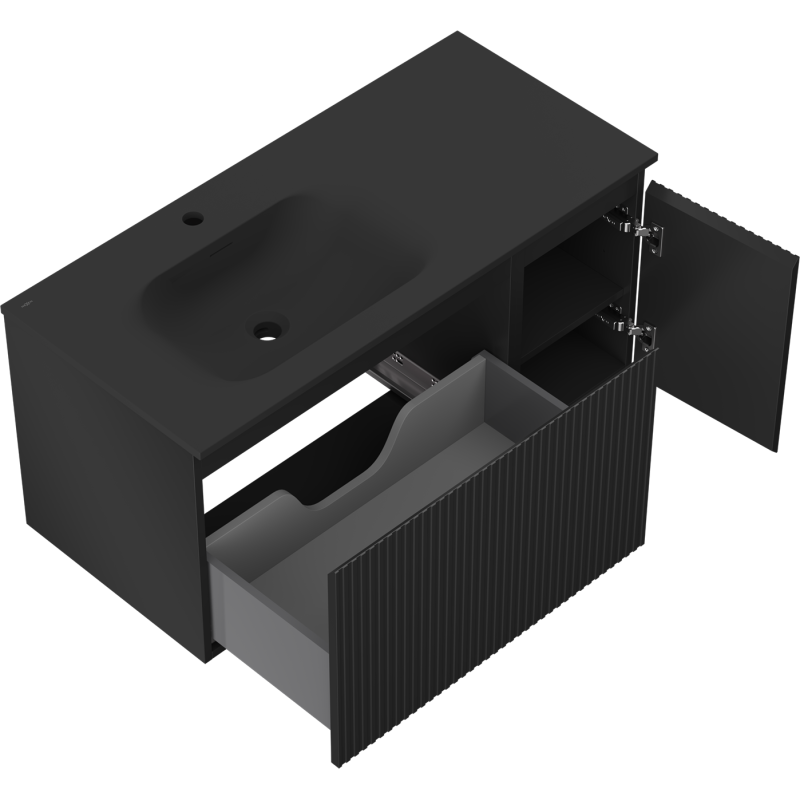 Mexen Rivel koupelnová skříňka 100 cm s umyvadlem Vela levá, 1S, 1D, s drážkováním, černý mat - 91A23-10047-3-BBFF71-W23L71