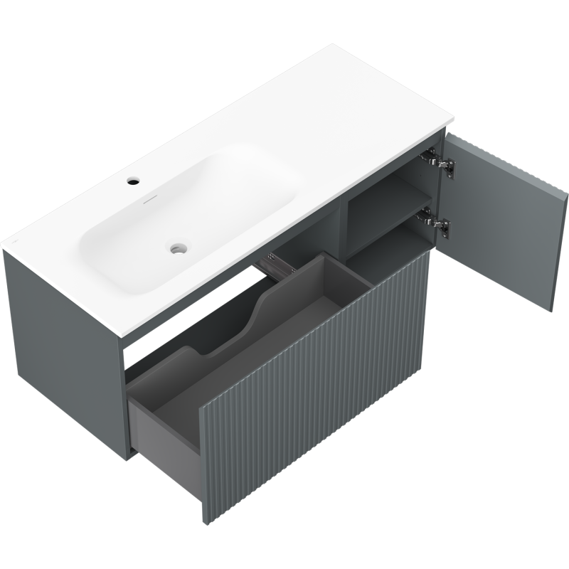 Mexen Rivel koupelnová skříňka 120 cm s umyvadlem Vela levou, 1S, 1D, vroubkovaná, grafit mat/bílý mat