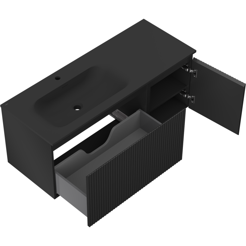 Mexen Rivel koupelnová skříňka 120 cm s umyvadlem Vela levým, 1S, 1D, rýhovaná, černá mat - 91A23-12047-3-BBFF71-W23L71