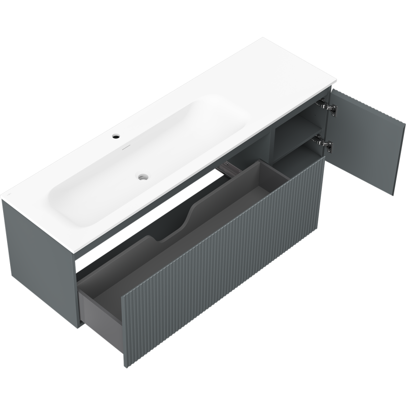 Mexen Rivel koupelnová skříňka 160 cm s umyvadlem Vela levým, 1S, 1D, drážkovaná, grafit mat/bílá mat