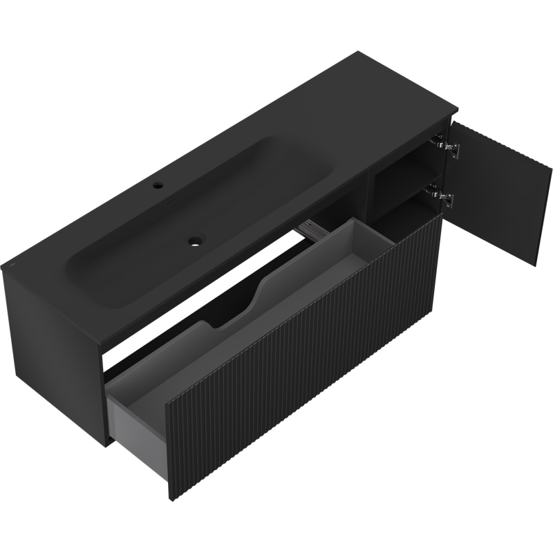 Mexen Rivel koupelnová skříňka 160 cm s umyvadlem Vela levá, 1S, 1D, rýhovaná, černá mat - 91A23-16047-3-BBFF71-W23L71