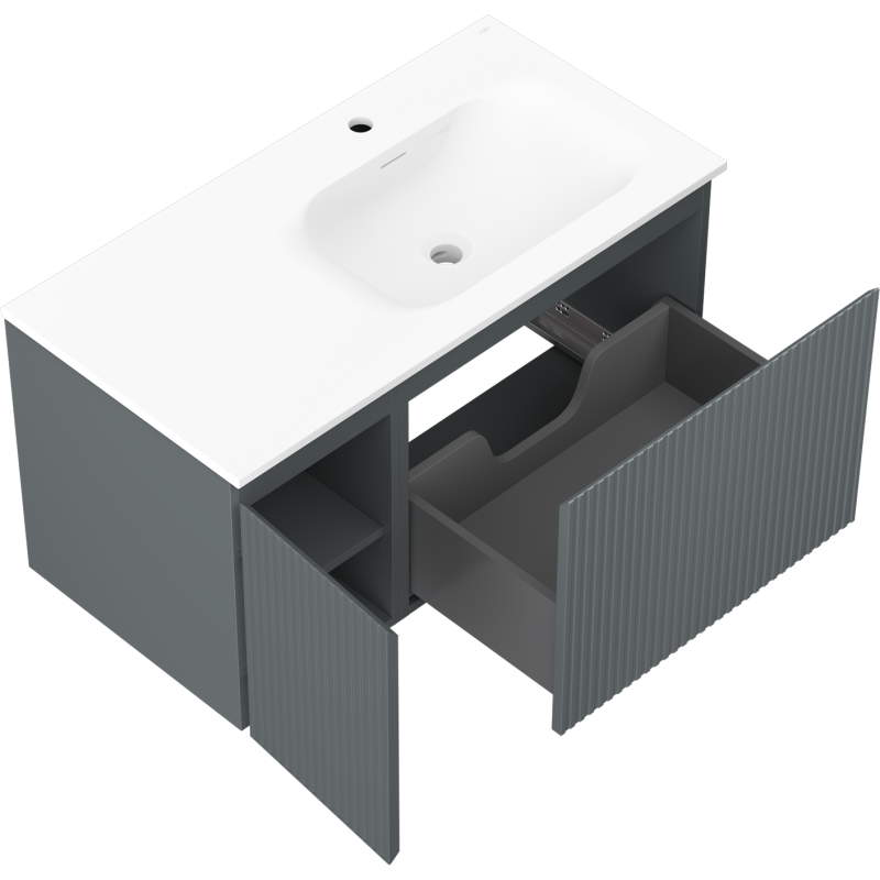 Mexen Rivel koupelnová skříňka 90 cm s umyvadlem Vela pravá, 1S, 1D, drážkovaná, grafit mat/bílá mat