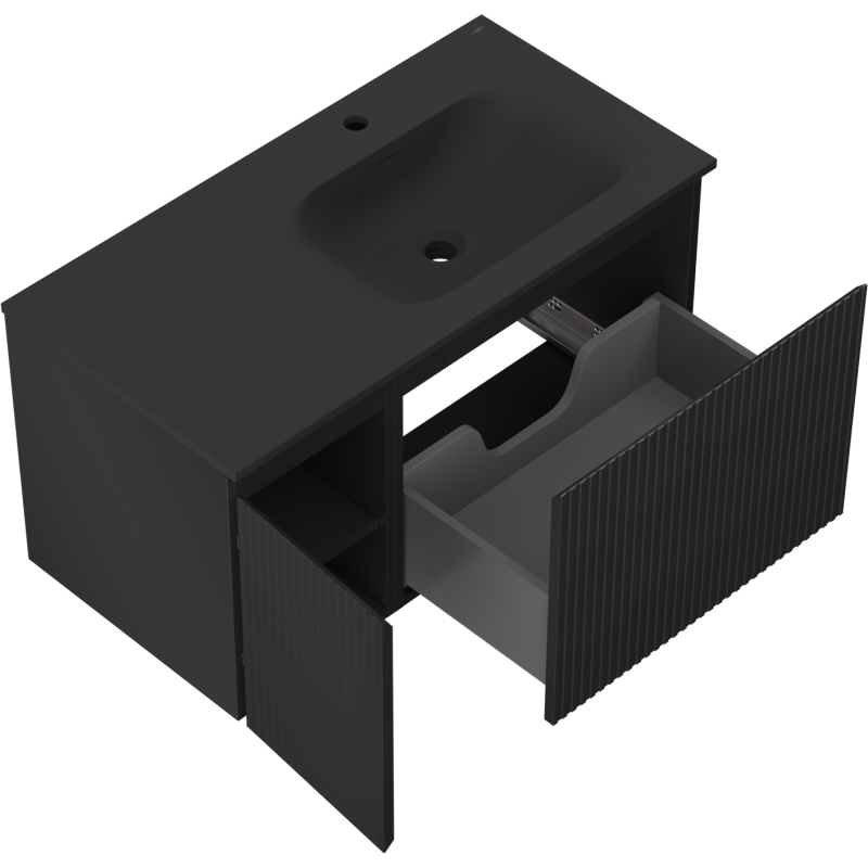 Mexen Rivel koupelnová skříňka 90 cm s umyvadlem Vela pravým, 1S, 1D, rýhovaná, černý mat - 91A23-09047-3-BBFF71-W23P71