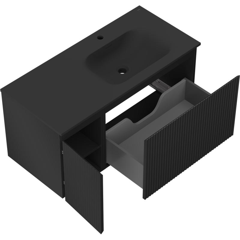 Mexen Rivel koupelnová skříňka 100 cm s umyvadlem Vela pravým, 1S, 1D, profilovaná, černý mat - 91A23-10047-3-BBFF71-W23P71