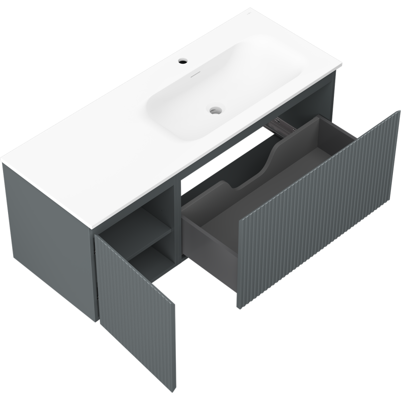 Mexen Rivel koupelnová skříňka 120 cm s umyvadlem Vela pravá, 1S, 1D, drážkovaná, grafit/bílá mat - 91A23-12047-3-BBFF66-W23P01