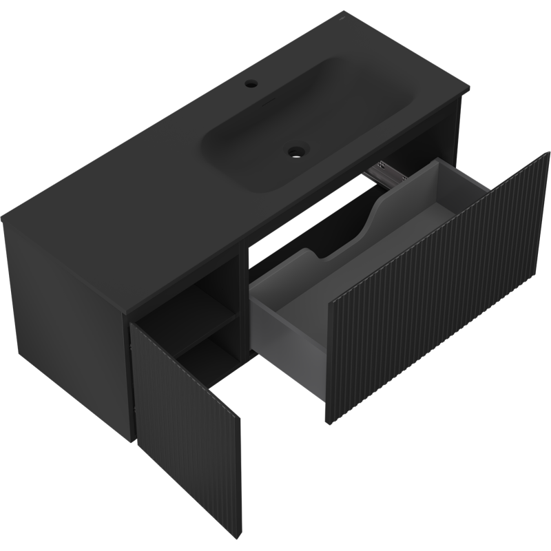 Mexen Rivel koupelnová skříňka 120 cm s umyvadlem Vela pravá, 1S, 1D, rýhovaná, černá mat - 91A23-12047-3-BBFF71-W23P71