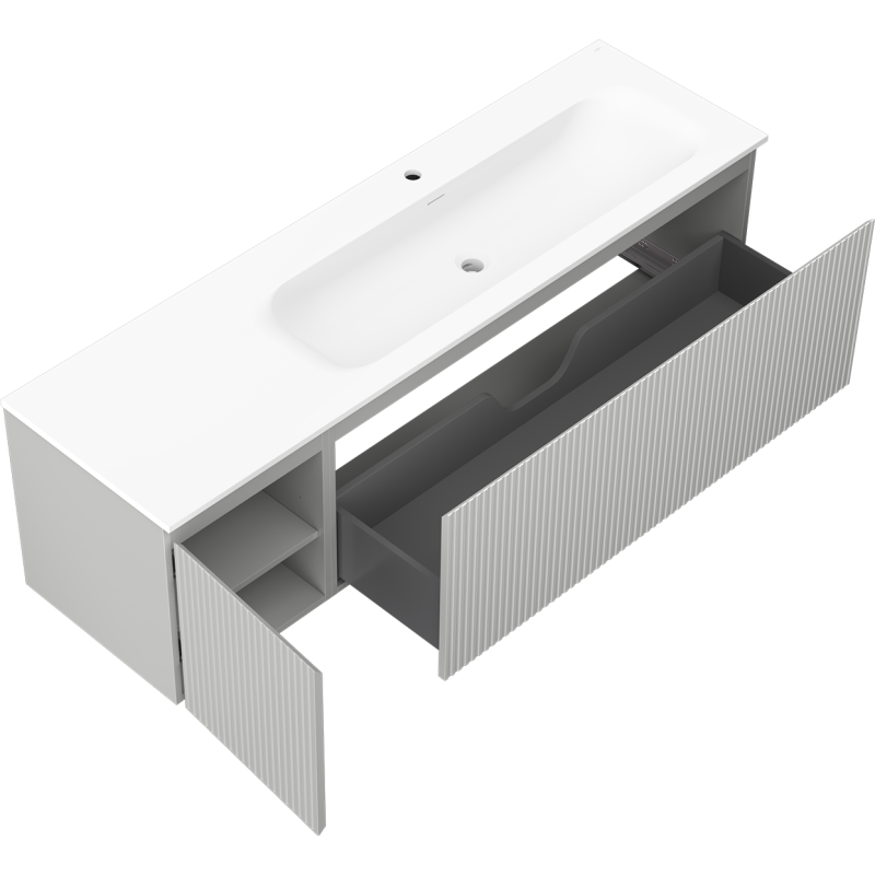Mexen Rivel koupelnová skříňka 160 cm s umyvadlem Vela pravá, 1S, 1D, rýhovaná, šedá mat/bílá mat - 91A23-16047-3-BBFF62-W23P01