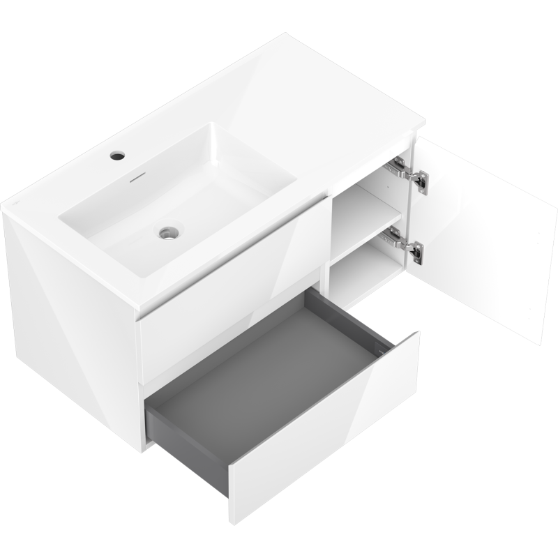 Mexen Orio koupelnová skříňka 90 cm s umyvadlem Otis vlevo, 2S, 1D, bílá lesklá - 91A13-09047-3-BBFFF00-W18L00