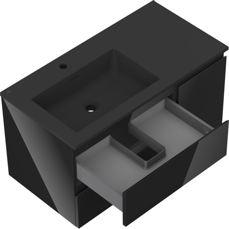 Mexen Orio koupelnová skříňka 90 cm s umyvadlem Otis vlevo, 2S, 1D, černý lesk/černý mat - 91A13-09047-3-BBFFF70-W18L71
