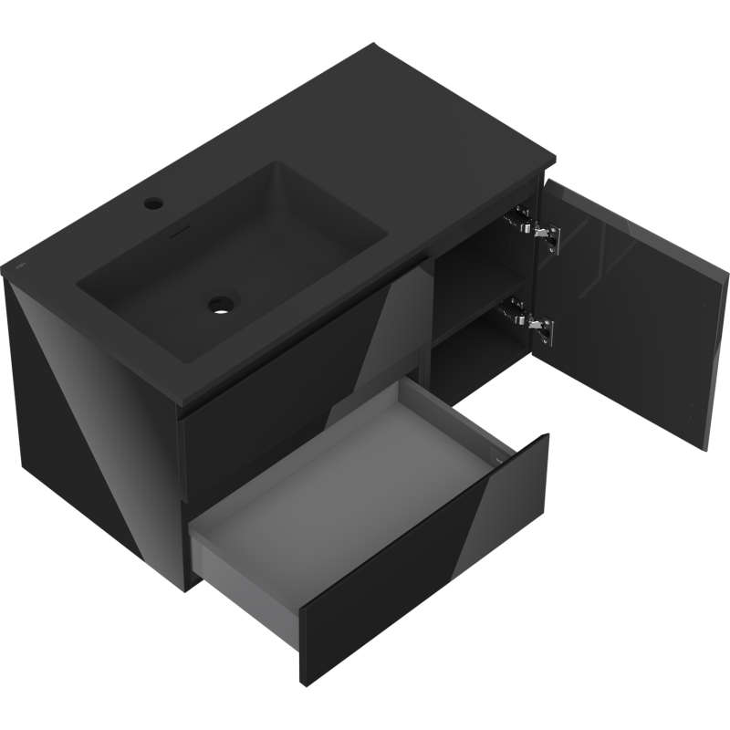 Mexen Orio koupelnová skříňka 90 cm s umyvadlem Otis vlevo, 2S, 1D, černý lesk/černý mat - 91A13-09047-3-BBFFF70-W18L71
