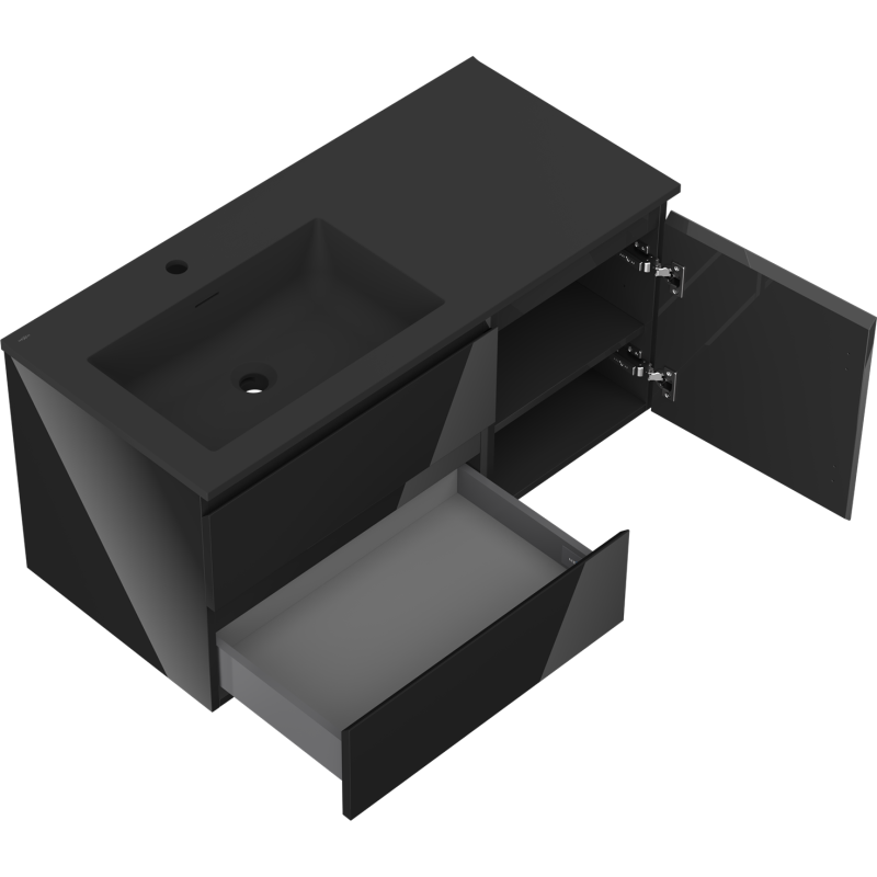 Mexen Orio koupelnová skříňka 100 cm s umyvadlem Otis vlevo, 2S, 1D, černý lesk/černý mat - 91A13-10047-3-BBFFF70-W18L71