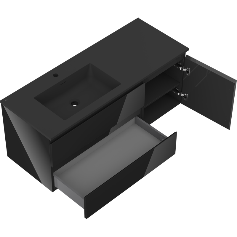 Mexen Orio koupelnová skříňka 120 cm s umyvadlem Otis levým, 2S, 1D, černý lesk/černý mat - 91A13-12047-3-BBFFF70-W18L71