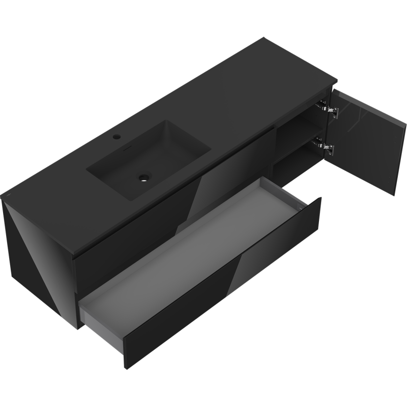 Mexen Orio koupelnová skříňka 160 cm s umyvadlem Otis vlevo, 2S, 1D, černý lesk/černá mat - 91A13-16047-3-BBFFF70-W18L71