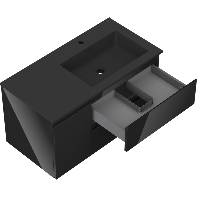 Mexen Orio koupelnová skříňka 90 cm s umyvadlem Otis pravým, 2S, 1D, černý lesk/černý mat - 91A13-09047-3-BBFFF70-W18P71