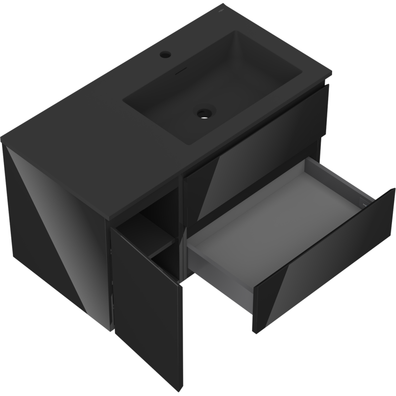 Mexen Orio koupelnová skříňka 90 cm s umyvadlem Otis pravým, 2S, 1D, černý lesk/černý mat - 91A13-09047-3-BBFFF70-W18P71