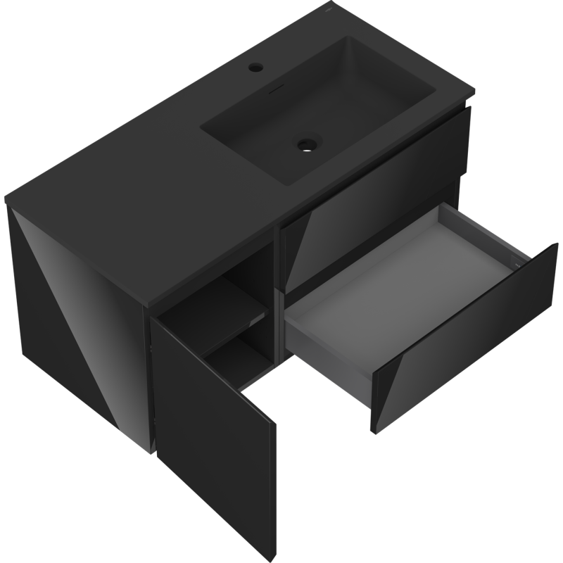 Mexen Orio koupelnová skříňka 100 cm s umyvadlem Otis pravým, 2S, 1D, černý lesk/černý mat - 91A13-10047-3-BBFFF70-W18P71