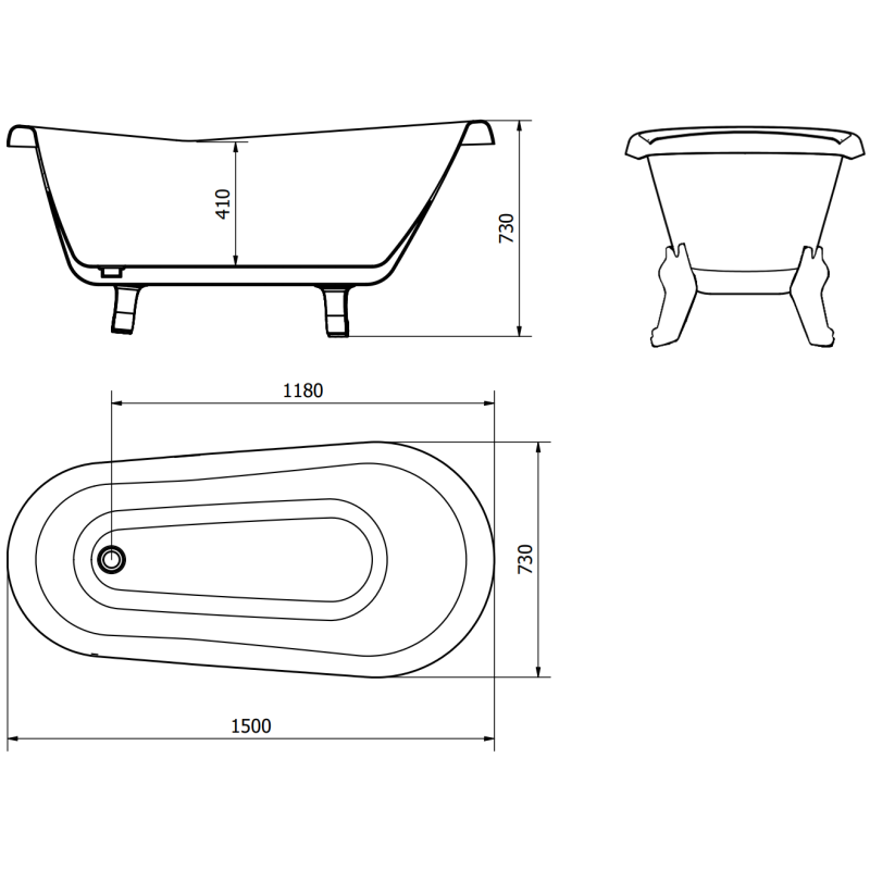 Mexen Retro volně stojící vana 150 x 73 cm, bílá/černá, nohy zlaté - 53251507375-50