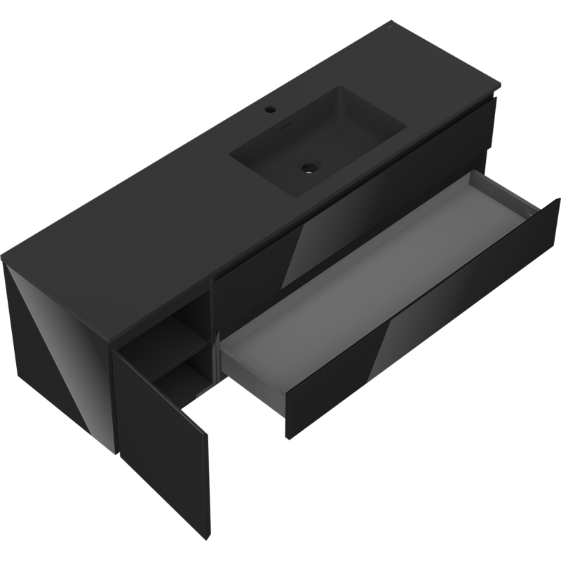 Mexen Orio koupelnová skříňka 160 cm s umyvadlem Otis pravým, 2S, 1D, černý lesk/černý mat - 91A13-16047-3-BBFFF70-W18P71