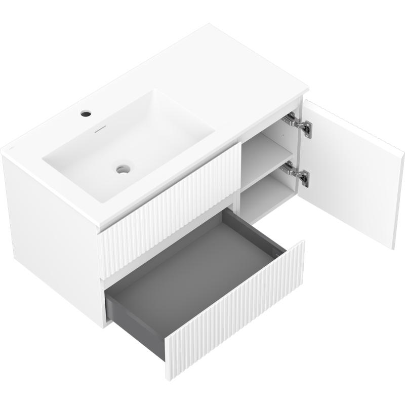 Mexen Rivel koupelnová skříňka 90 cm s umyvadlem Otis levým, 2S, 1D, drážkovaná, bílá mat - 91A23-09047-3-BBFFF01-W18L01