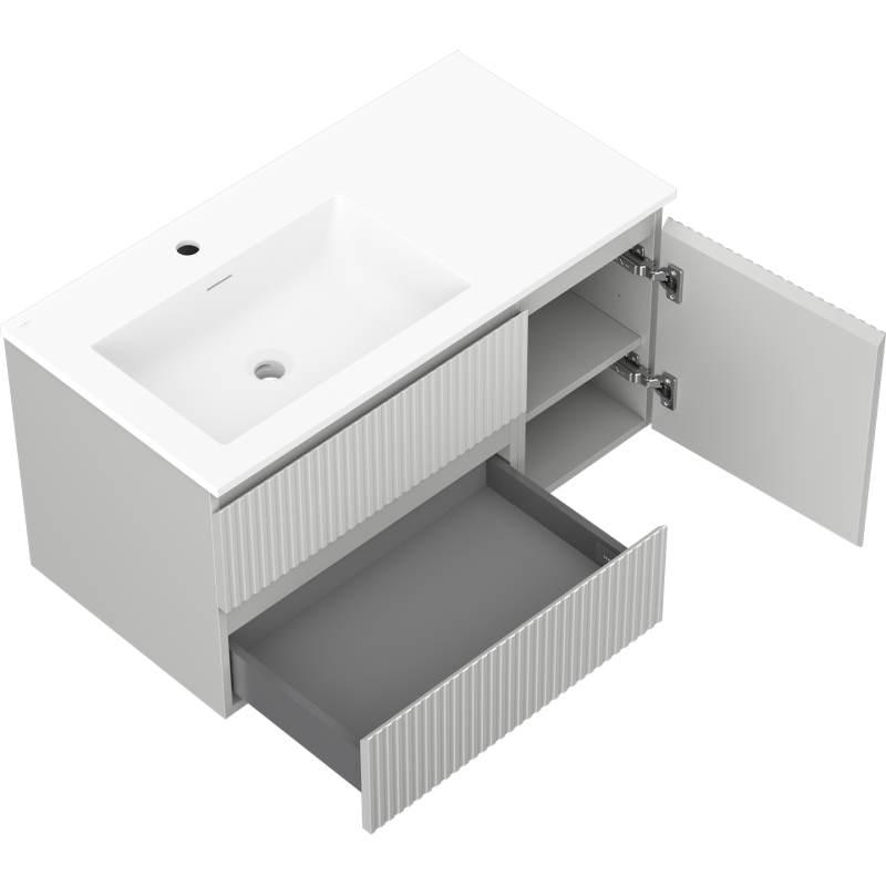 Mexen Rivel koupelnová skříňka 90 cm s umyvadlem Otis vlevo, 2S, 1D, rýhovaná, šedá mat/bílá mat - 91A23-09047-3-BBFFF62-W18L01
