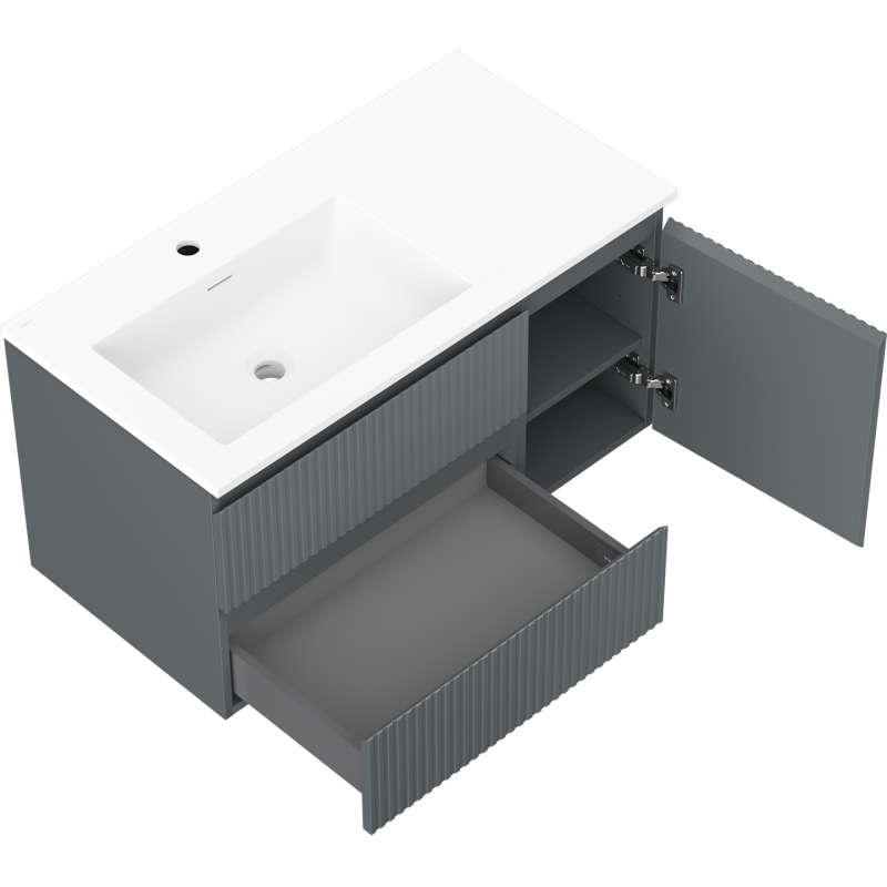 Mexen Rivel koupelnová skříňka 90 cm s umyvadlem Otis vlevo, 2S, 1D, rýhovaná, grafit mat/bílá mat